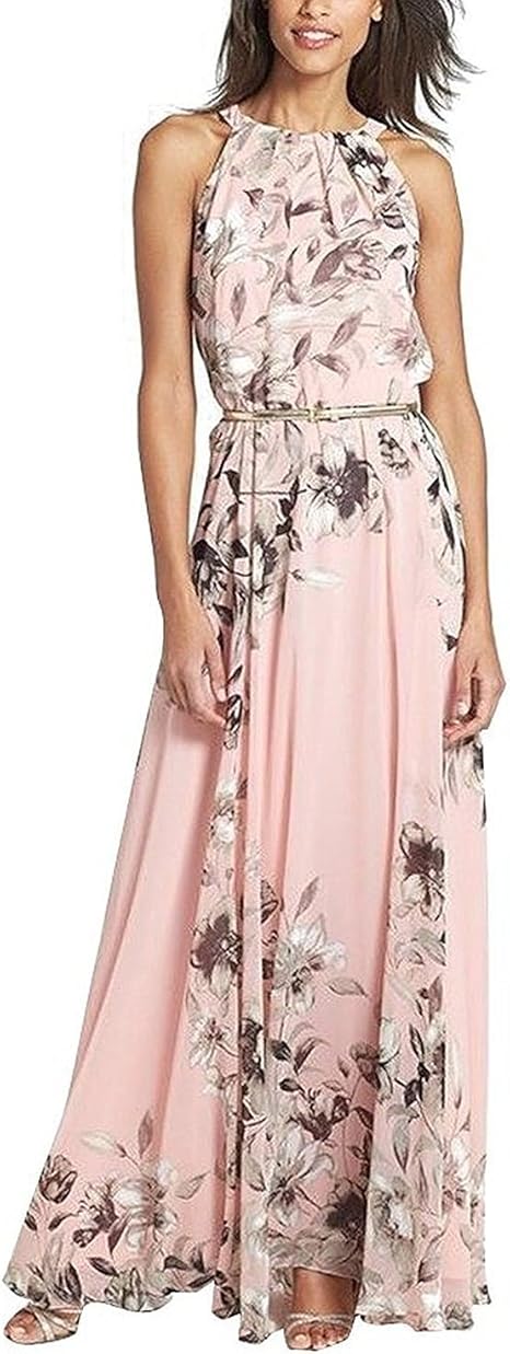 Donna Vestiti Lunghi Eleganti Estivi Senza Maniche in Chiffon Abito con Cinghie Stampato